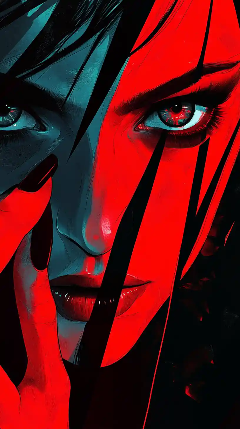 Neo noir anime woman with blade and intense gaze