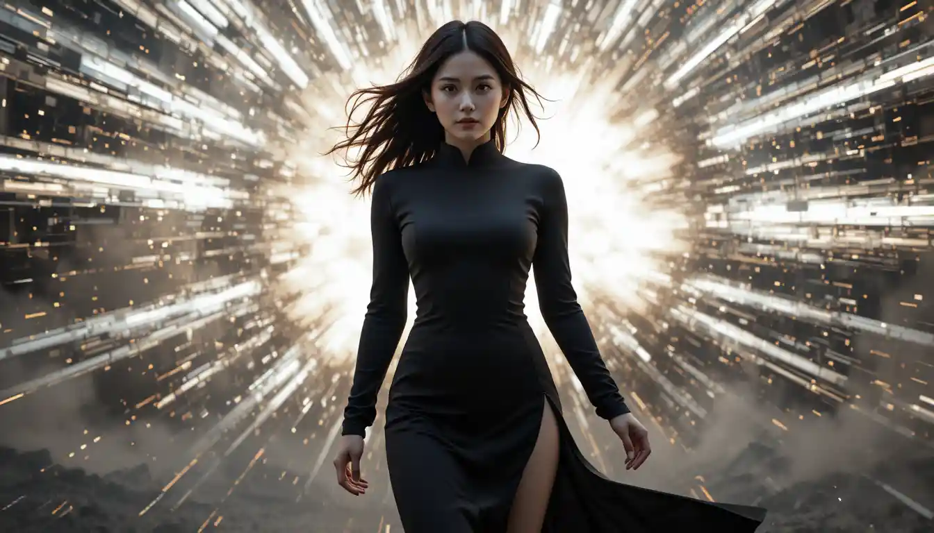 Korean woman in black cheongsam against explosive glowing backdrop