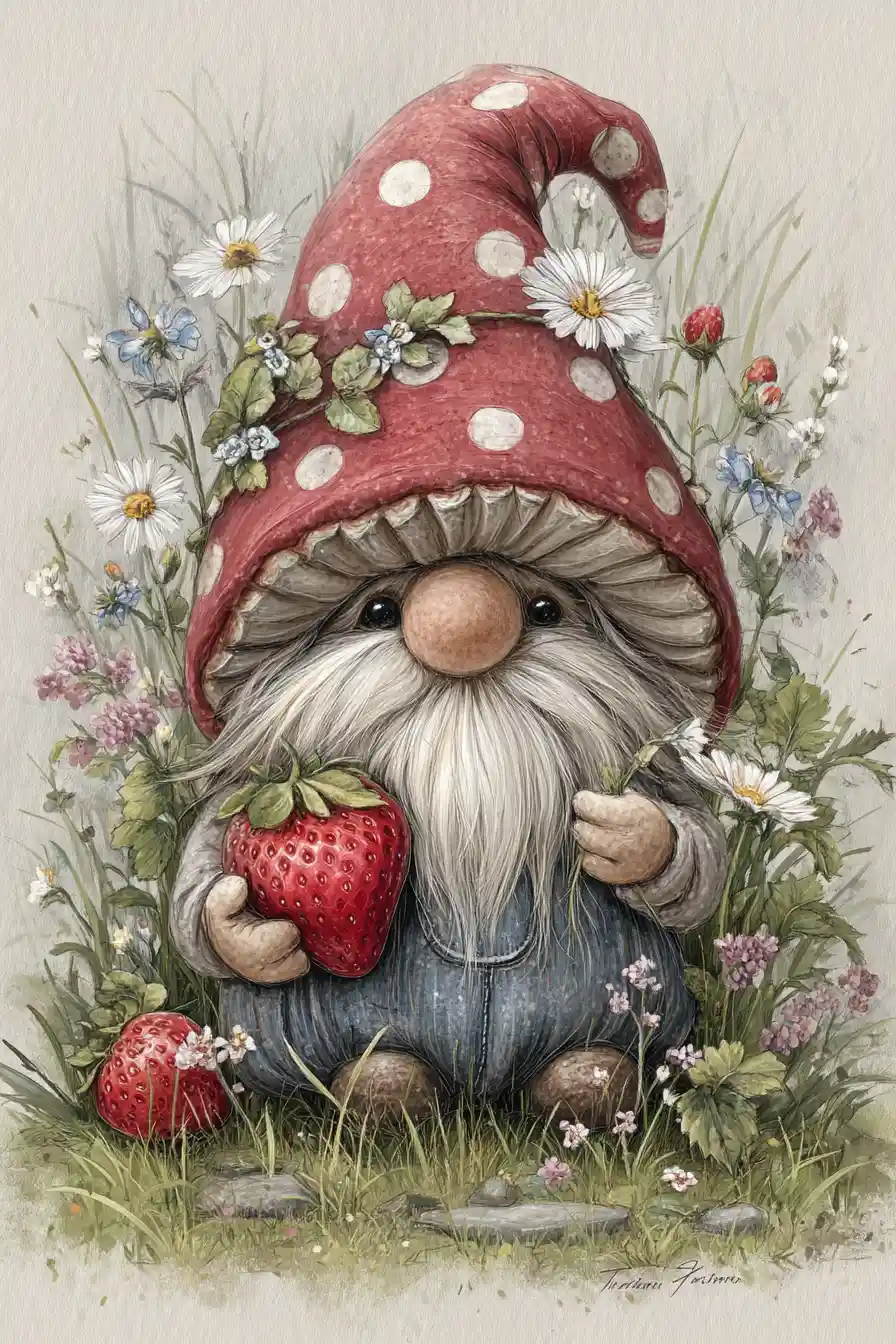 Cute gnome in a mushroom hat holding a strawberry