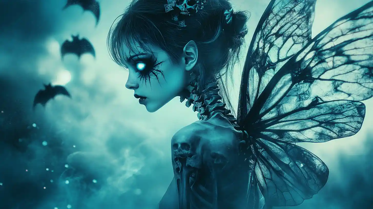 Gothic fairy girl with cracked porcelain skin and wings