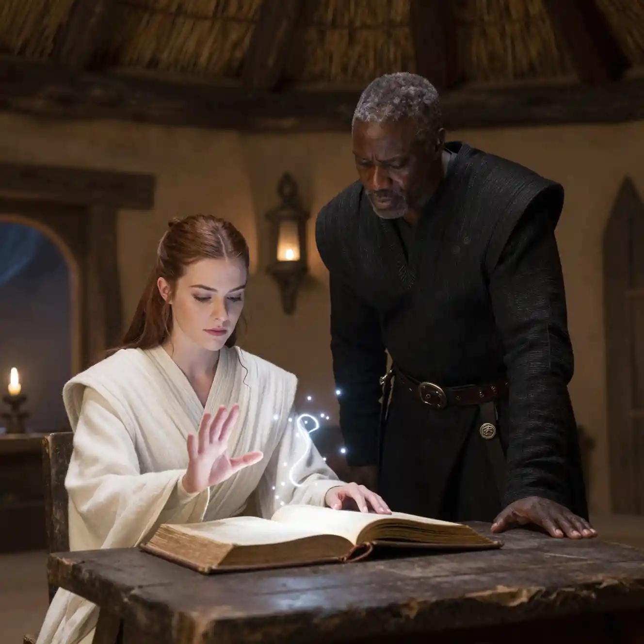 Young mage casting white magic beside her watchful mentor