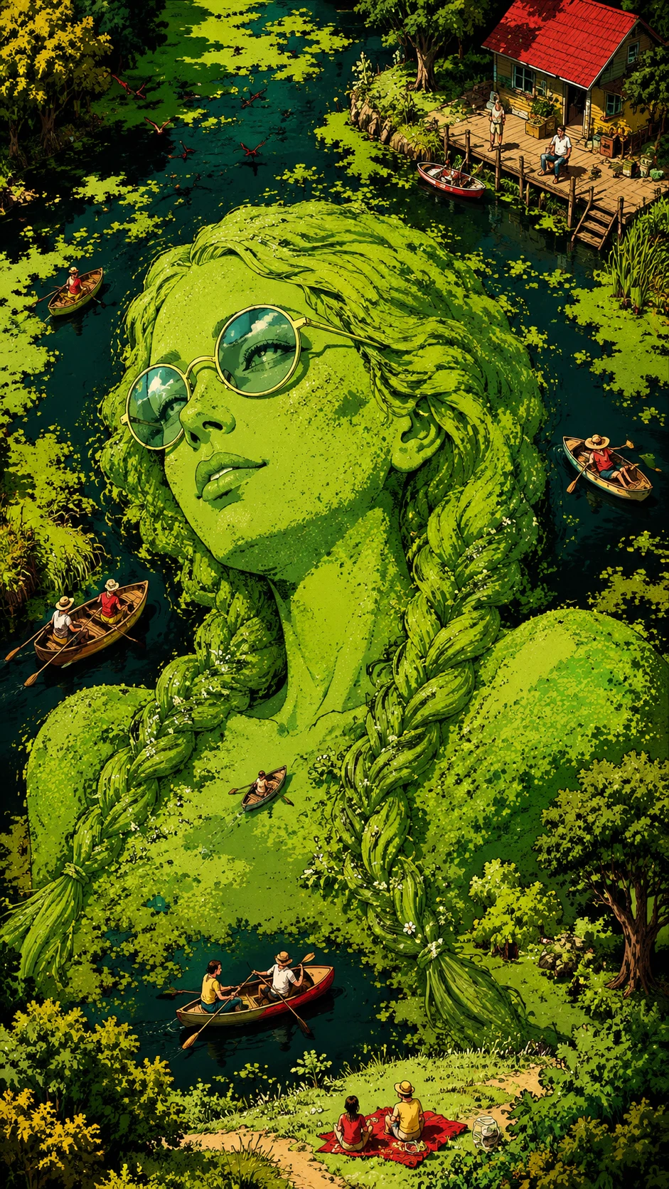 Rostro de mujer estilo caricatura surreal emergiendo de un lago verde cubierto de lentejas de agua