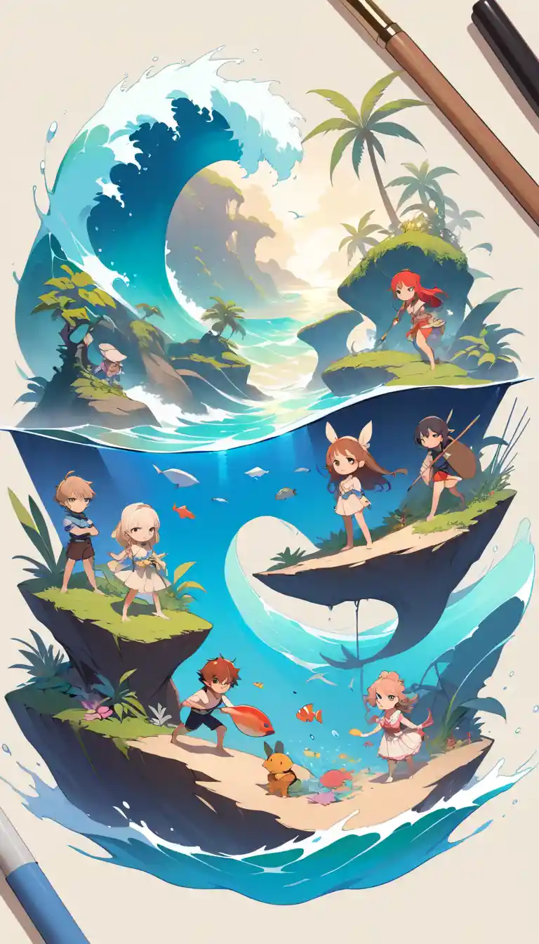 Lively children illustration of an animated aquarium scene
