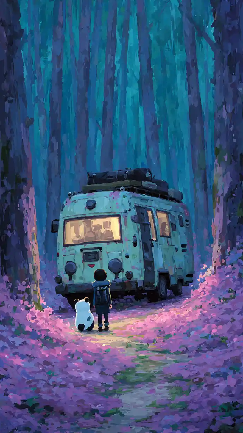 Colorful forest animals around a detailed futuristic rv