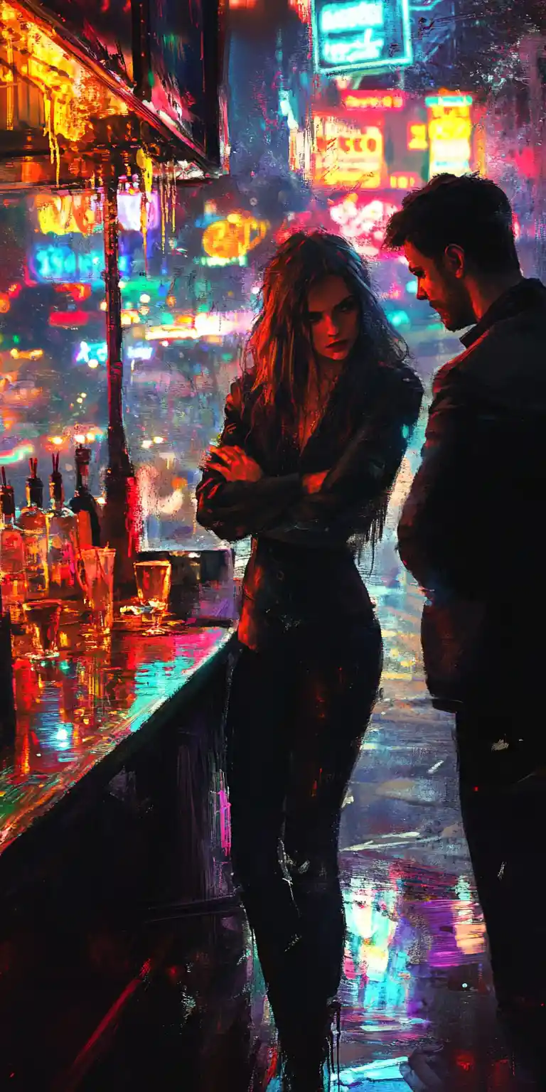 Defiant woman faces a charming man in a smoky bar