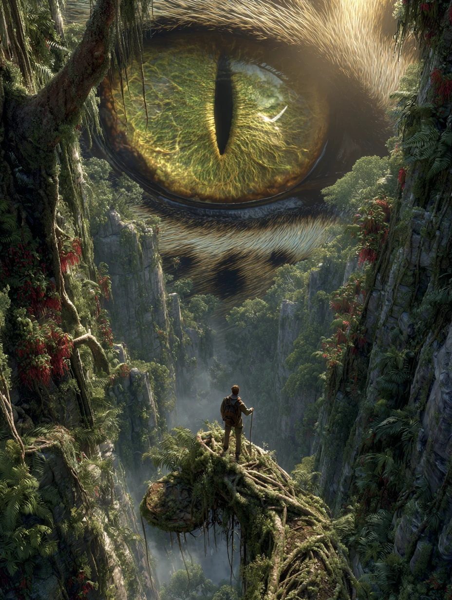 Explorer On Vine Bridge Before Colossal Dragon Eye Cliff