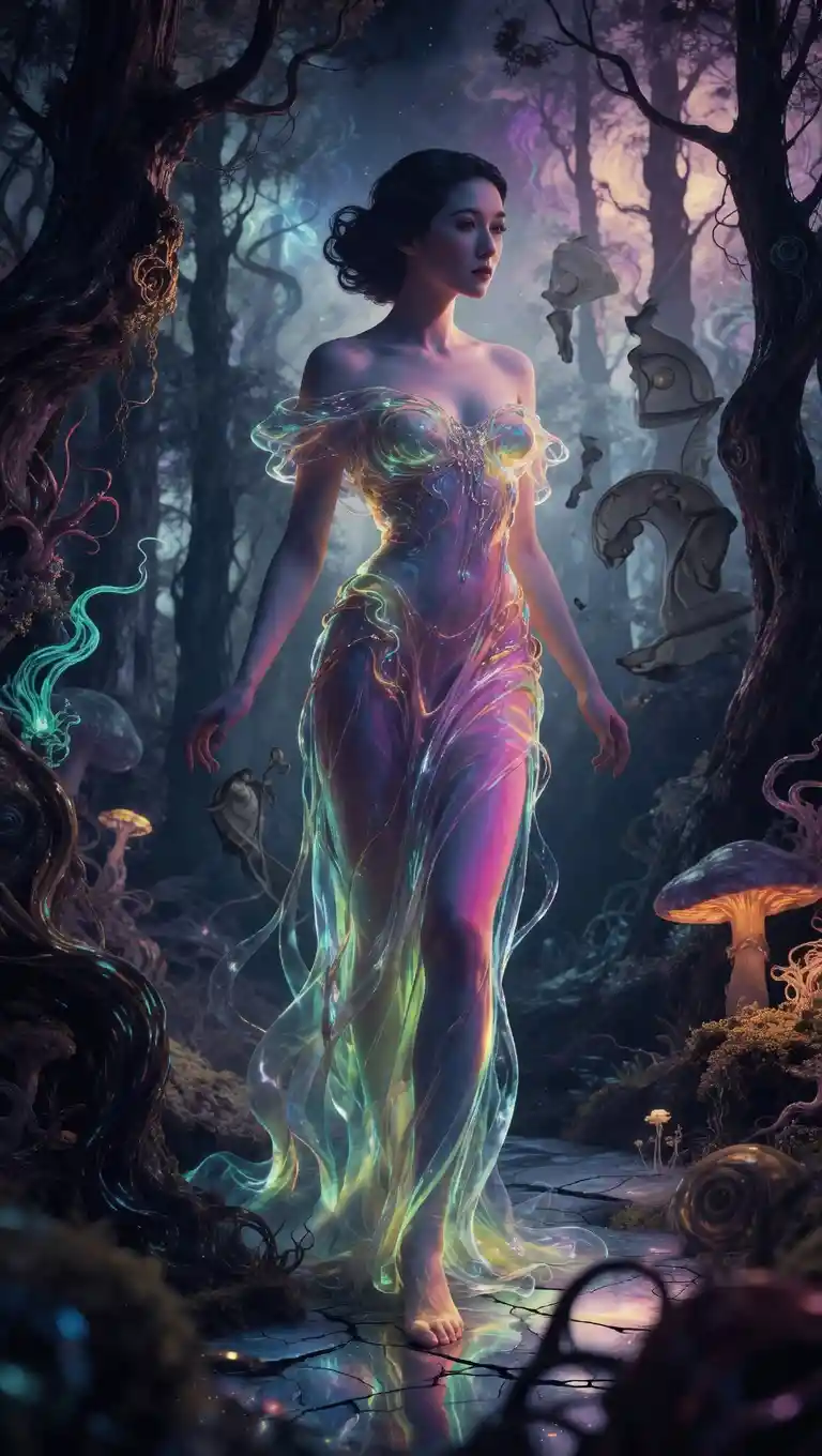 Glowing Woman In A Surreal Dreamlike Forest Abyss