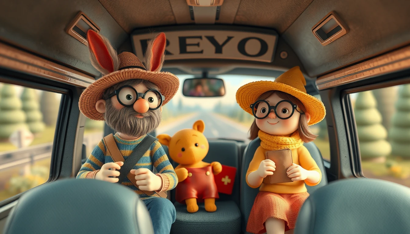 Playful clay characters riding a bus on summer vacation