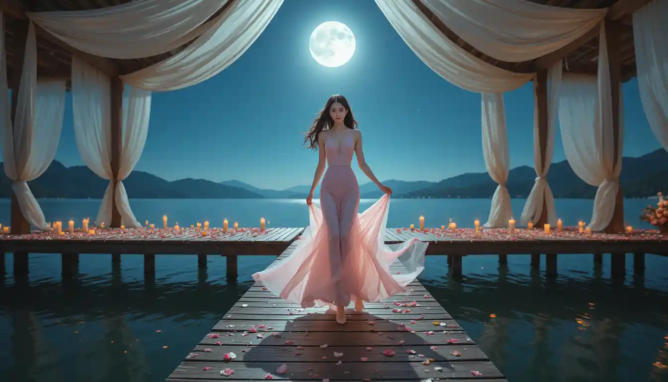 Korean woman in glowing gown walking on a moonlit dock