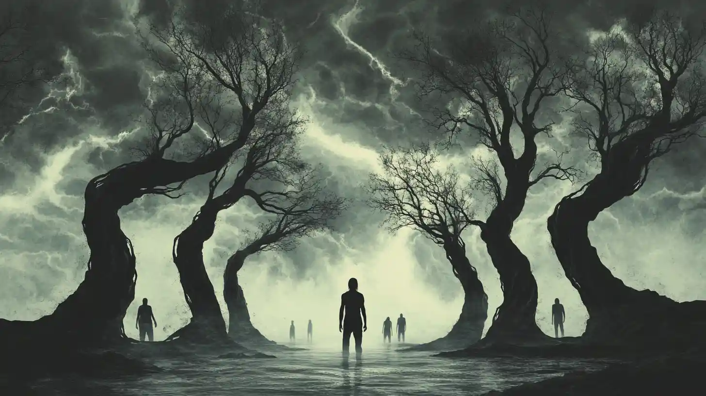 Brooding man at a stormy lake surrounded by twisted trees