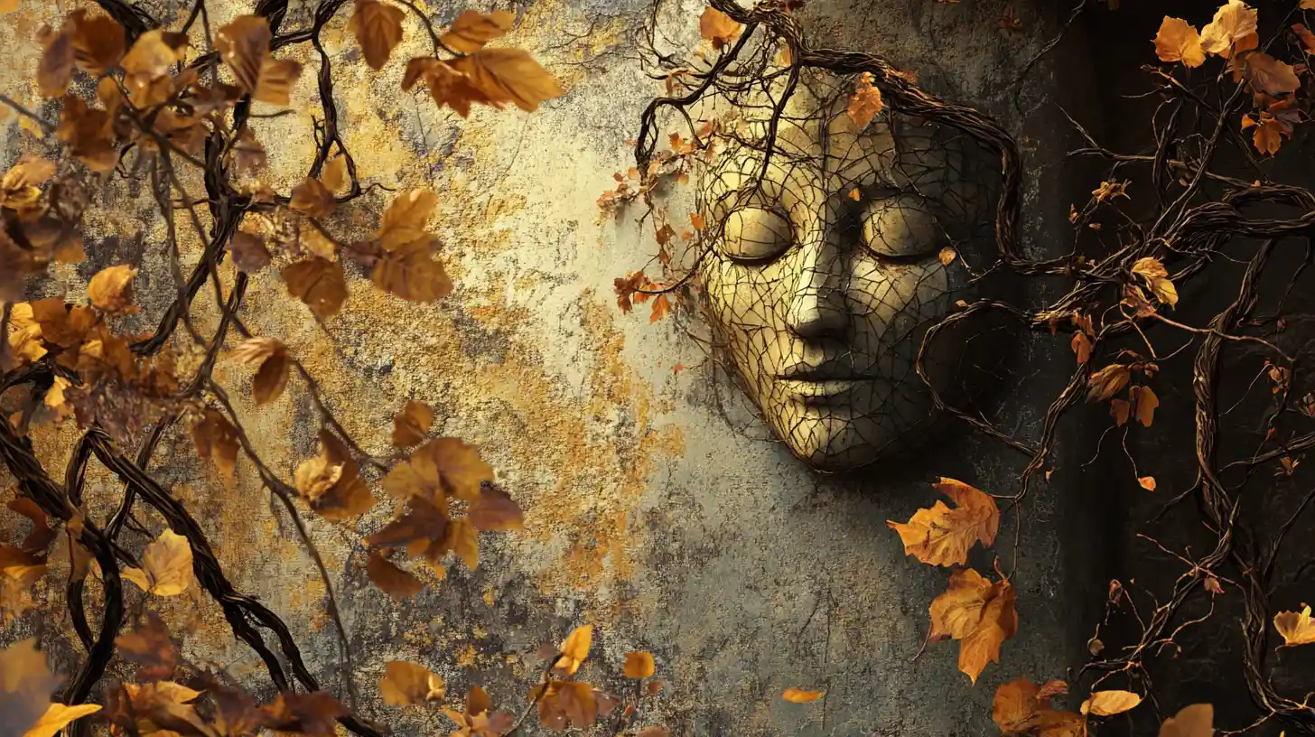 Surreal autumn landscape with suspended leaves and giant face