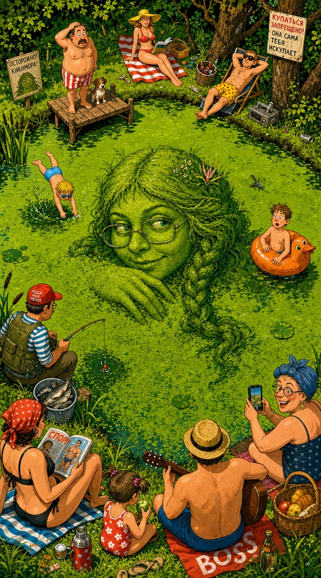 Cartoon woman face in duckweed lake seen from above