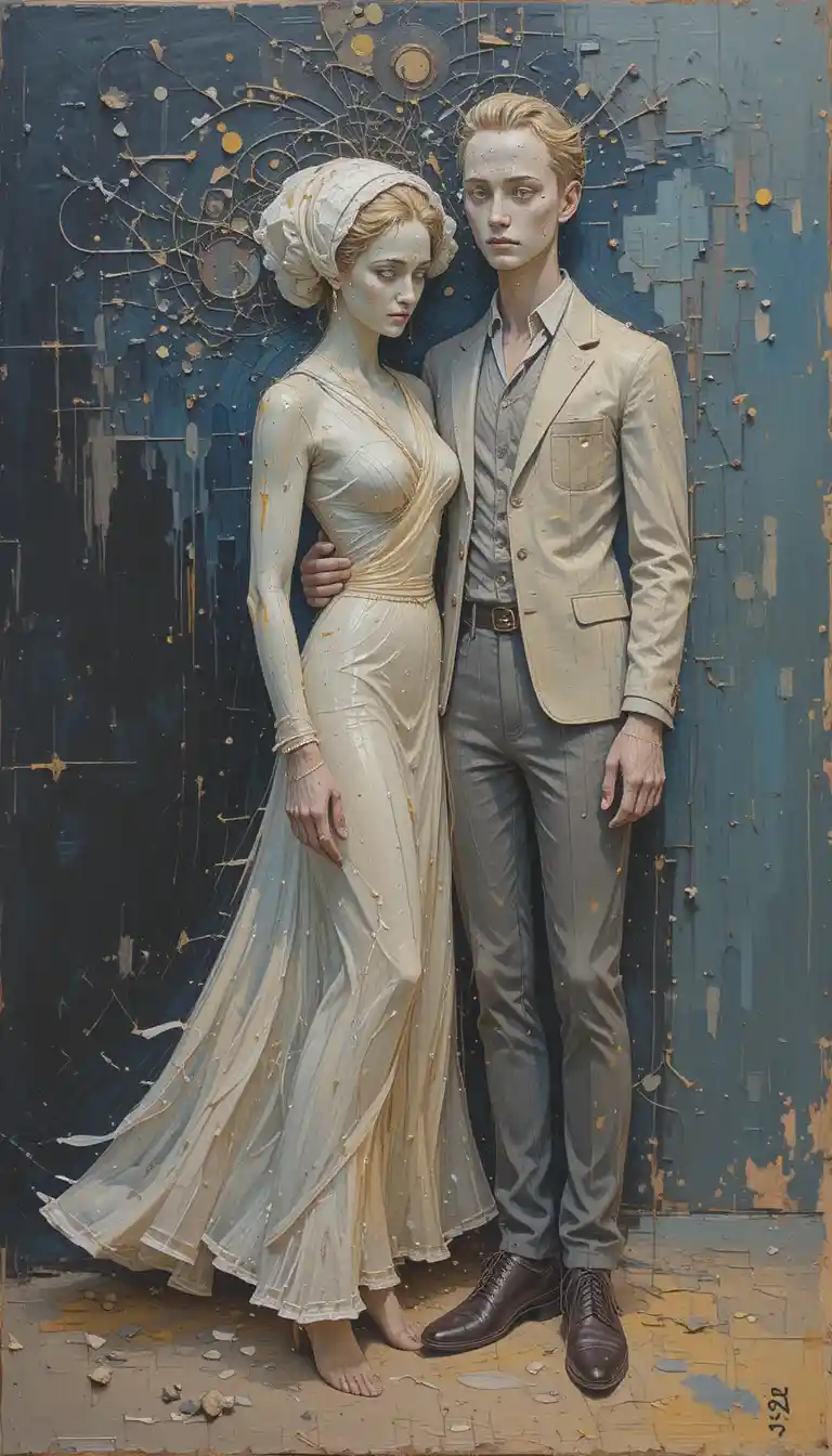 Pittura astratta a impasto con figure gioiose di uomo e donna