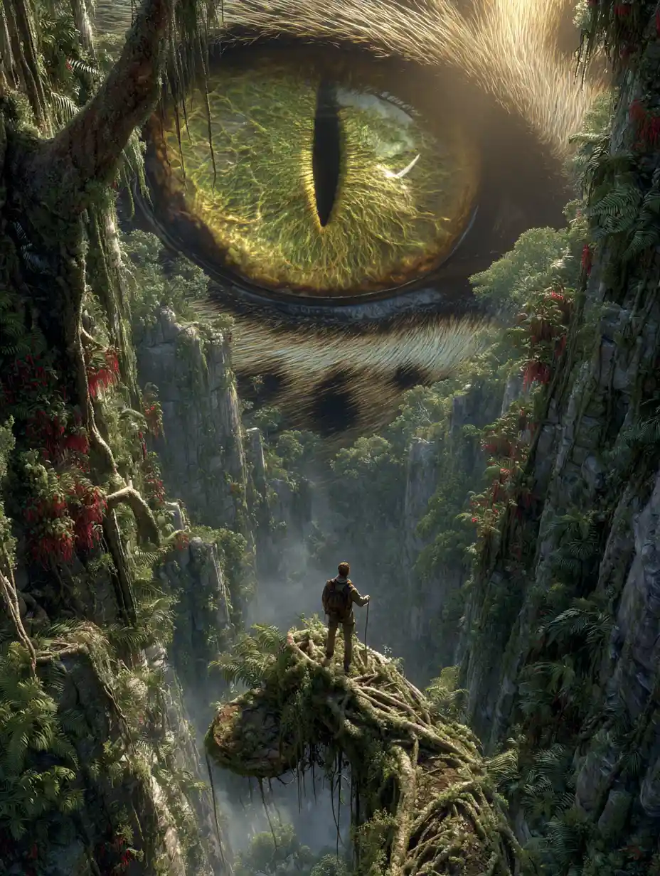 Explorer On Vine Bridge Before Colossal Dragon Eye Cliff