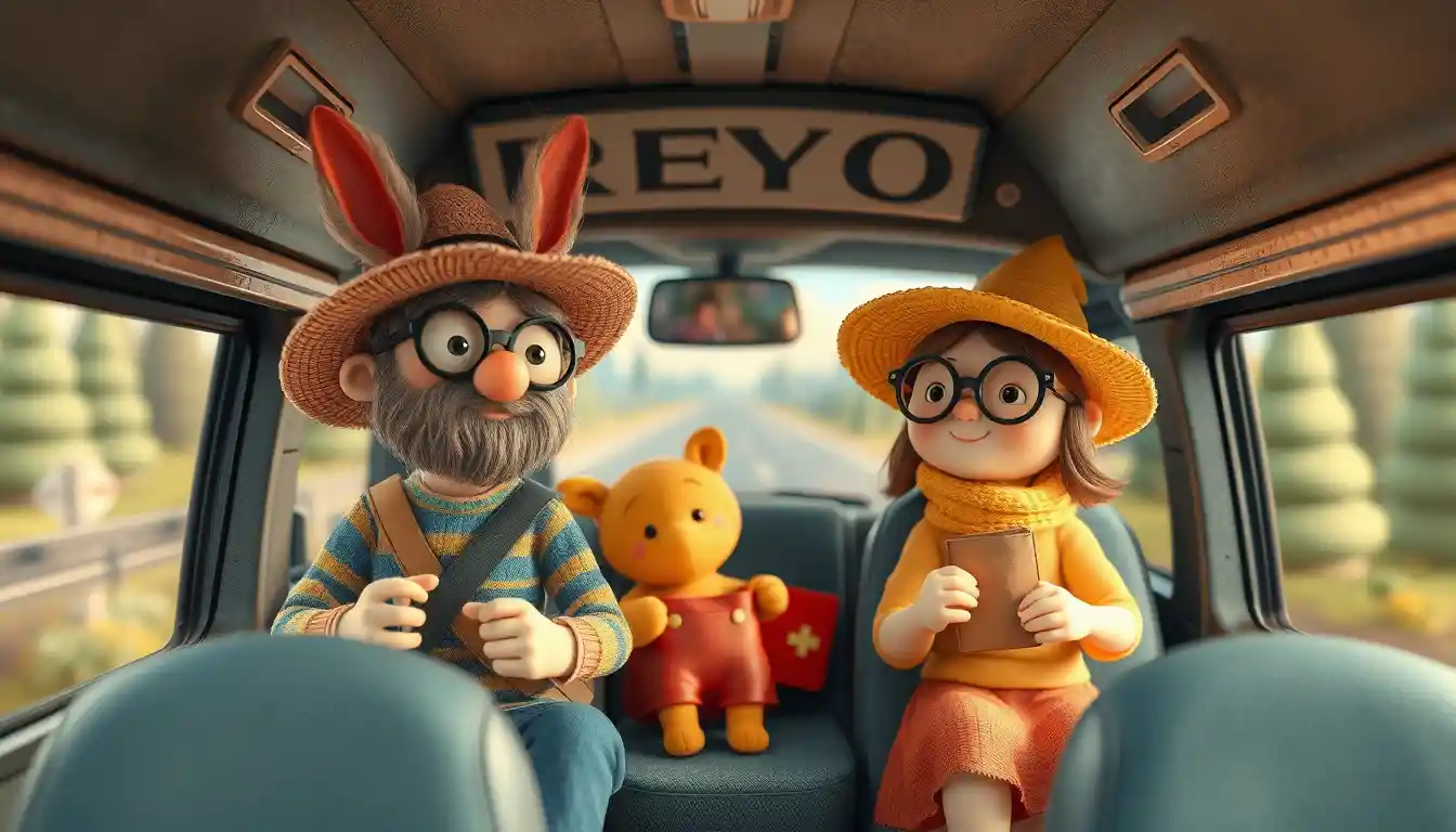 Playful clay characters riding a bus on summer vacation