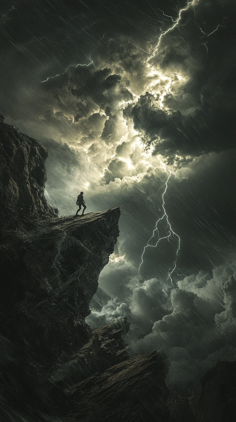 Lone figure on a cliff in a violent lightning storm