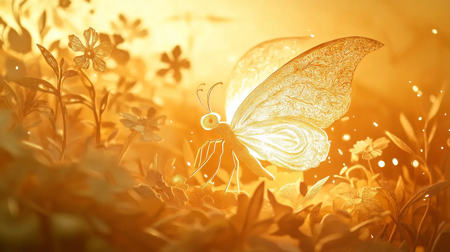 Paper firefly glowing softly in a golden garden
