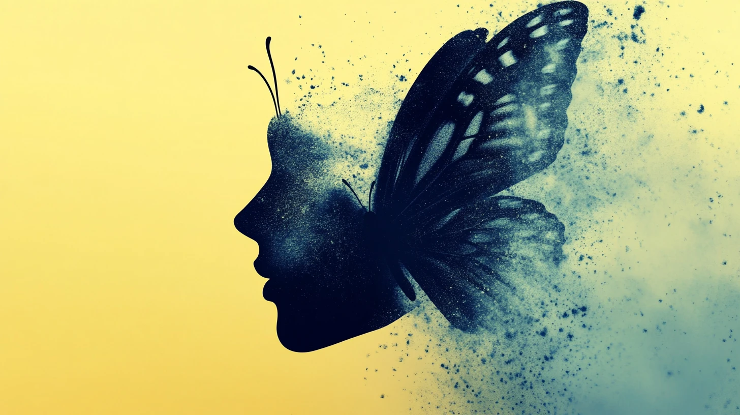 Macro butterfly face dissolving into drifting pigment particles