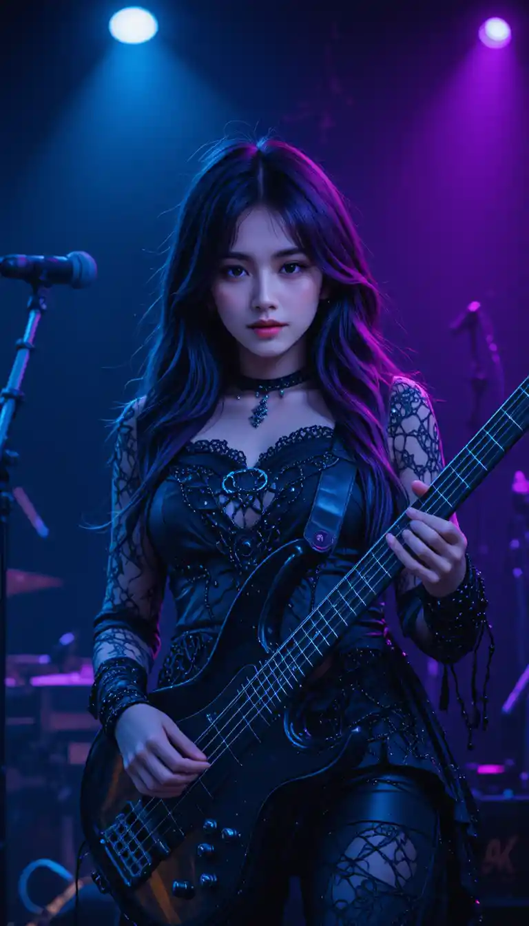Gothic-Rock-Frau spielt Bass im dramatischen Scheinwerferlicht