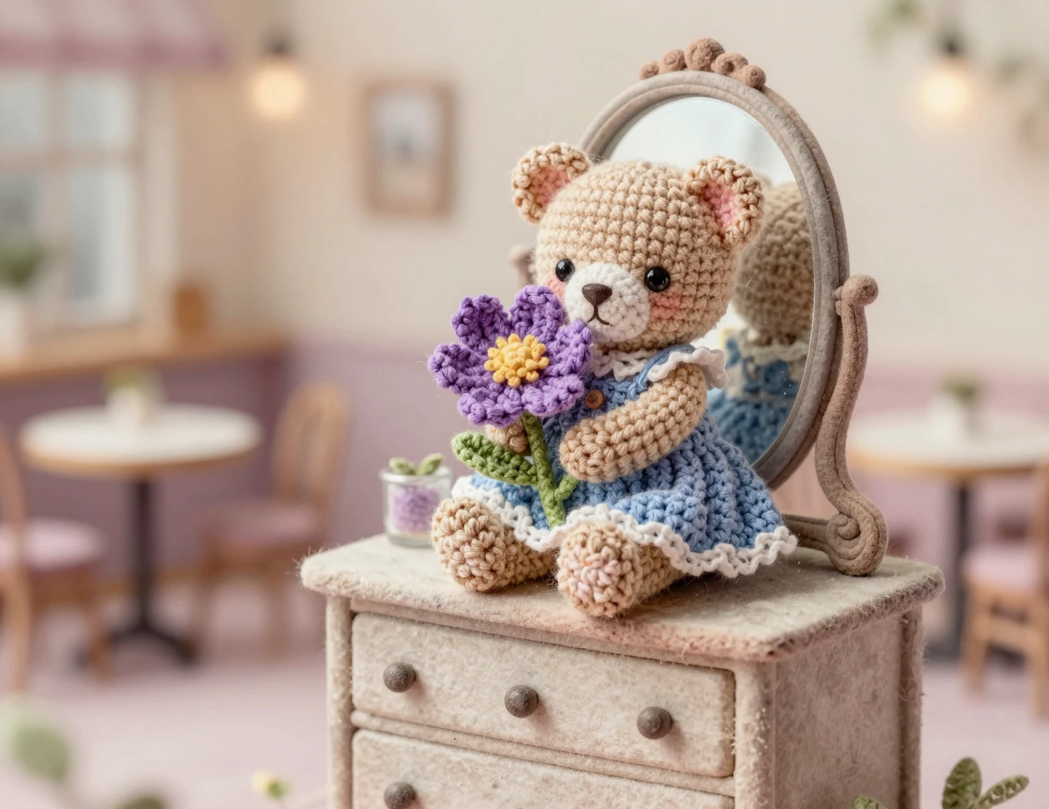Crochet teddy bear with flower on dresser vanity