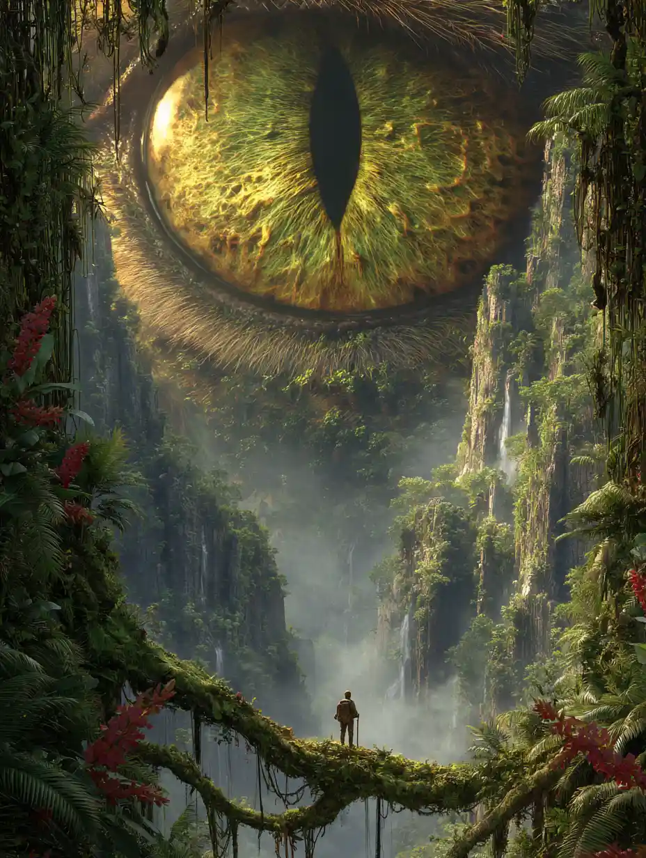 Explorer on vine bridge before colossal jungle dragon eye