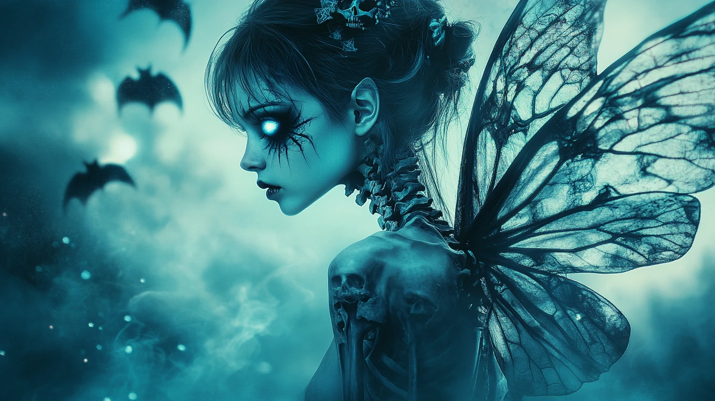 Gothic fairy girl with cracked porcelain skin and wings