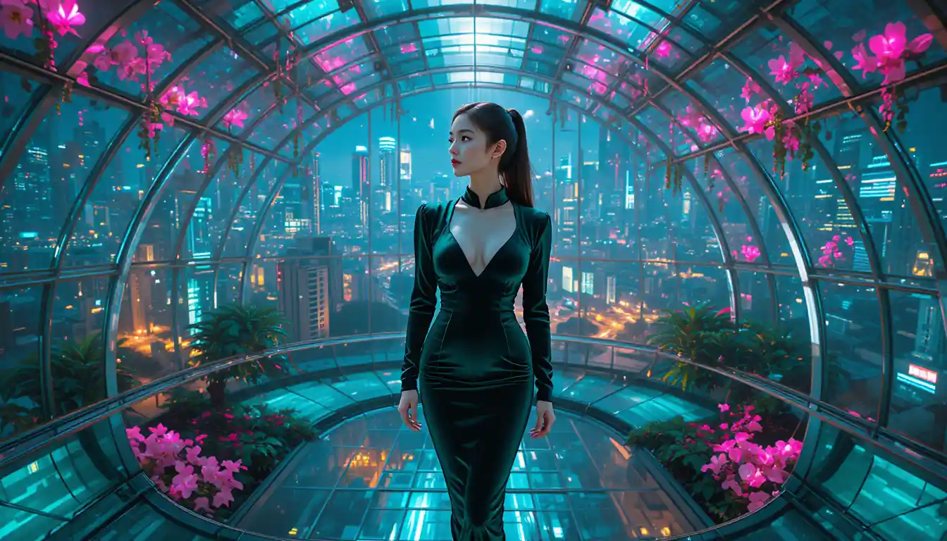 Korean woman on glass floor in futuristic neon greenhouse