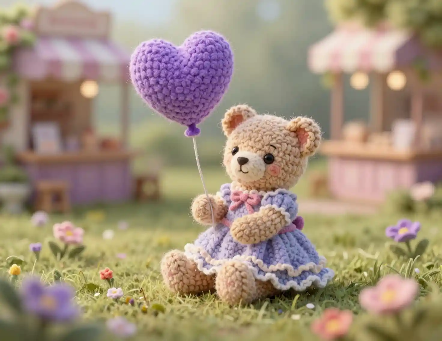 Teddy bear with purple heart balloon in felt meadow