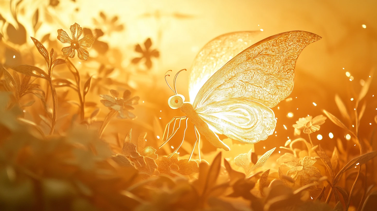 Paper firefly glowing softly in a golden garden