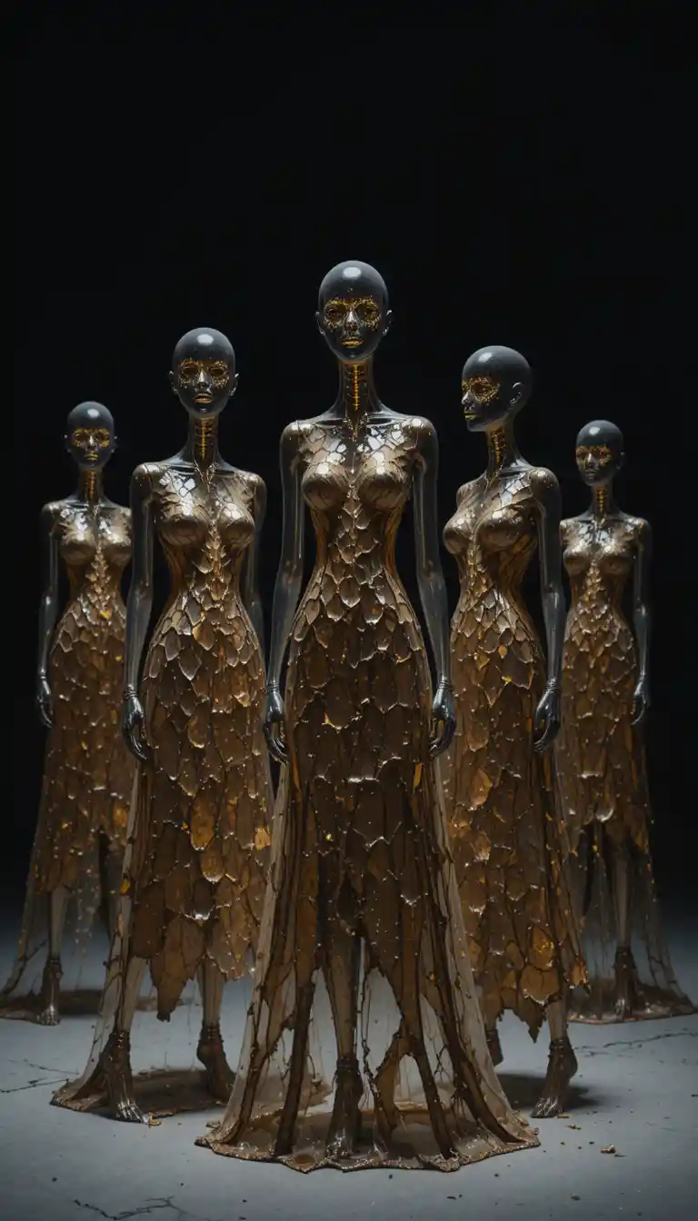 Glass mannequins in bark dresses against a dark background