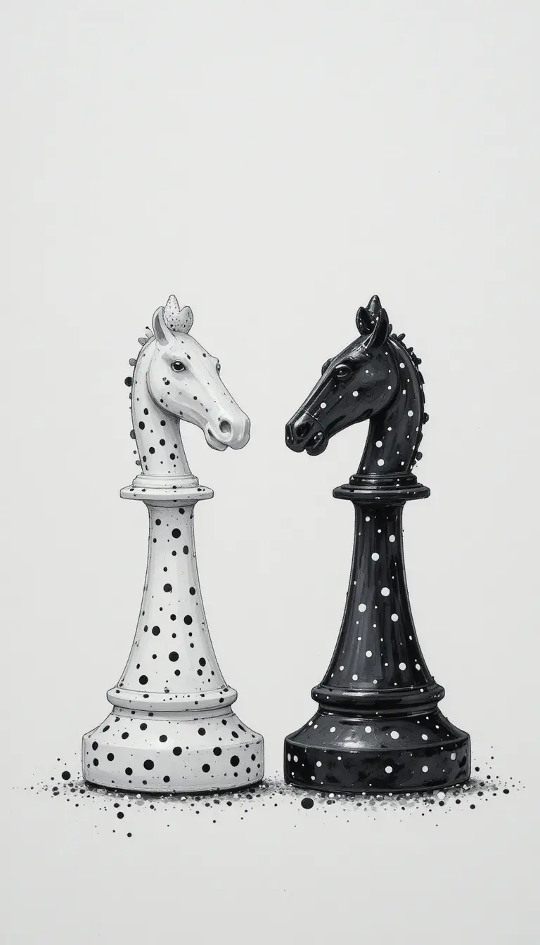 Ilustración minimalista en acuarela en blanco y negro de caballos de ajedrez