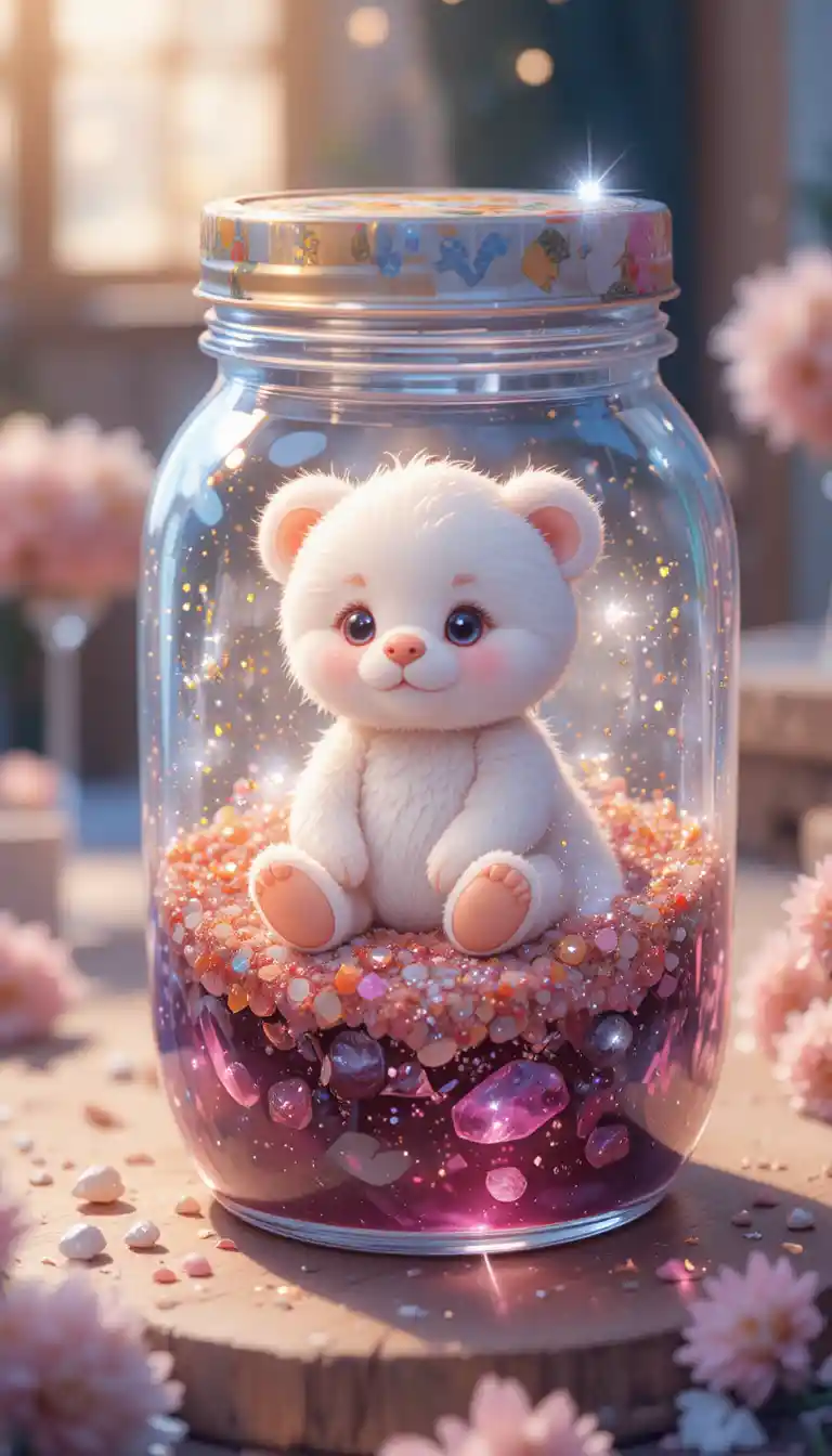 Cute teddy bear in jam jar with tiny duckling on top
