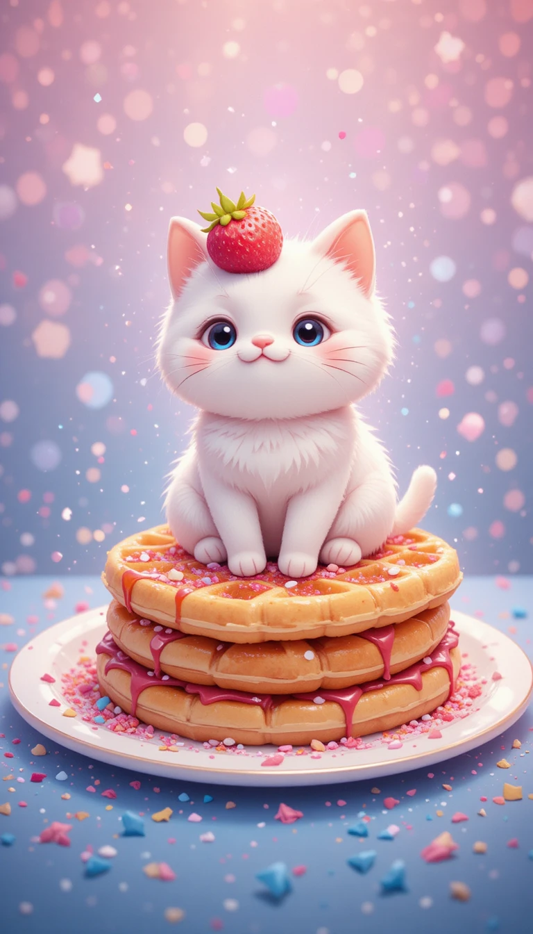 Cute white cat sitting on waffles with strawberry hat