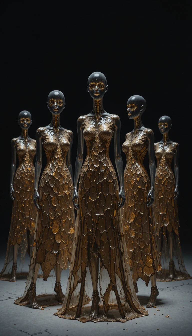 Glass mannequins in bark dresses against a dark background