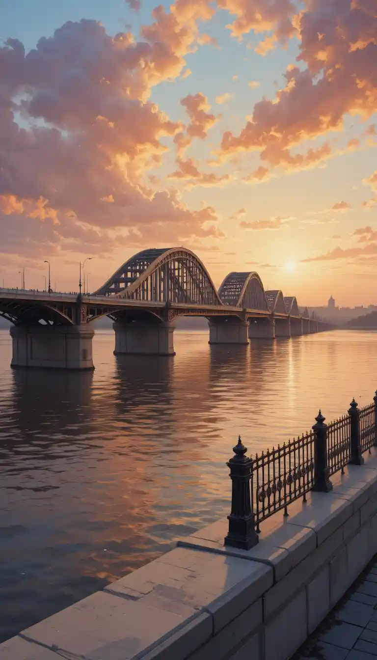 Sunset view of a grand bridge over the Volga River