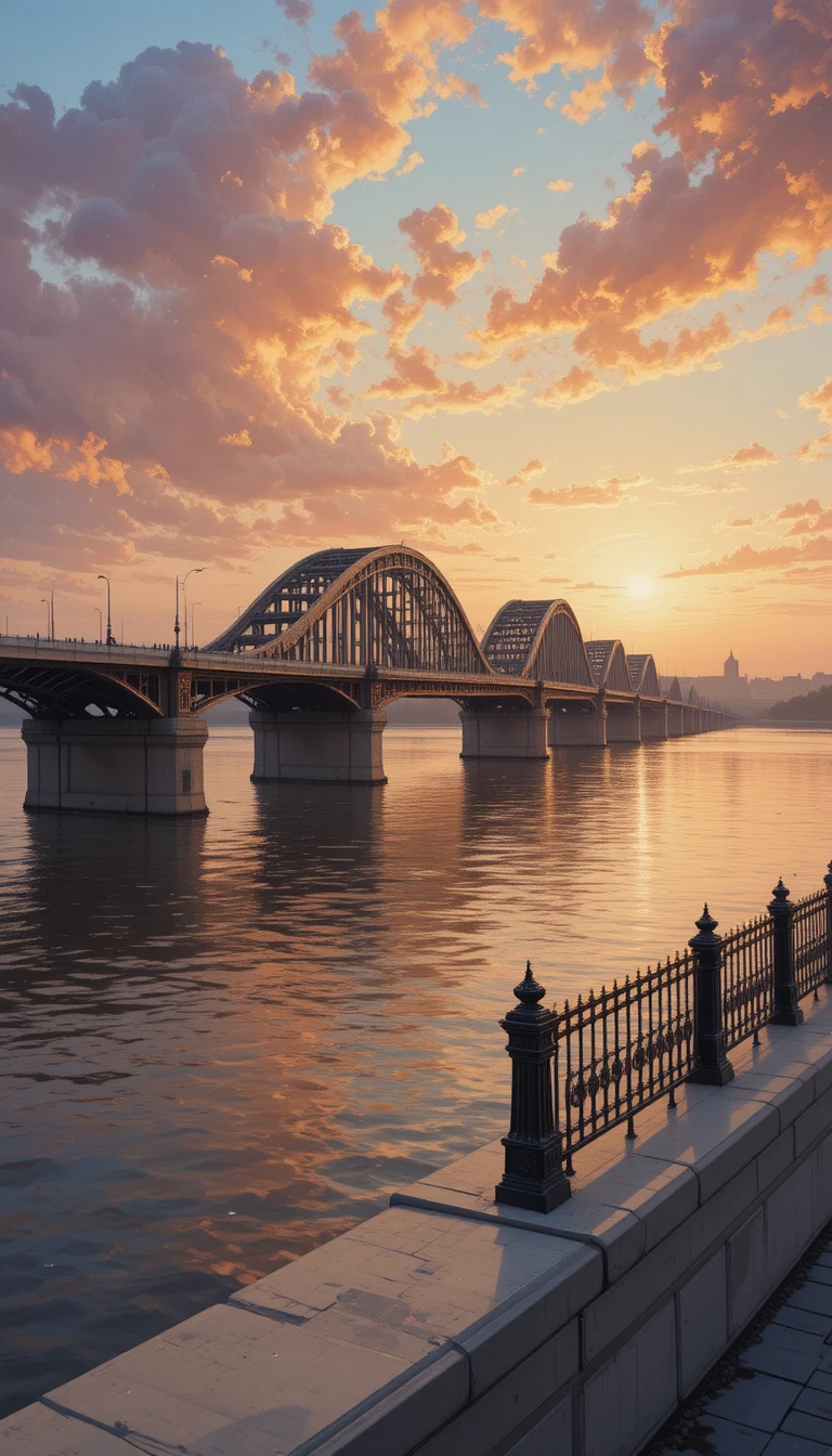 Sunset view of a grand bridge over the Volga River