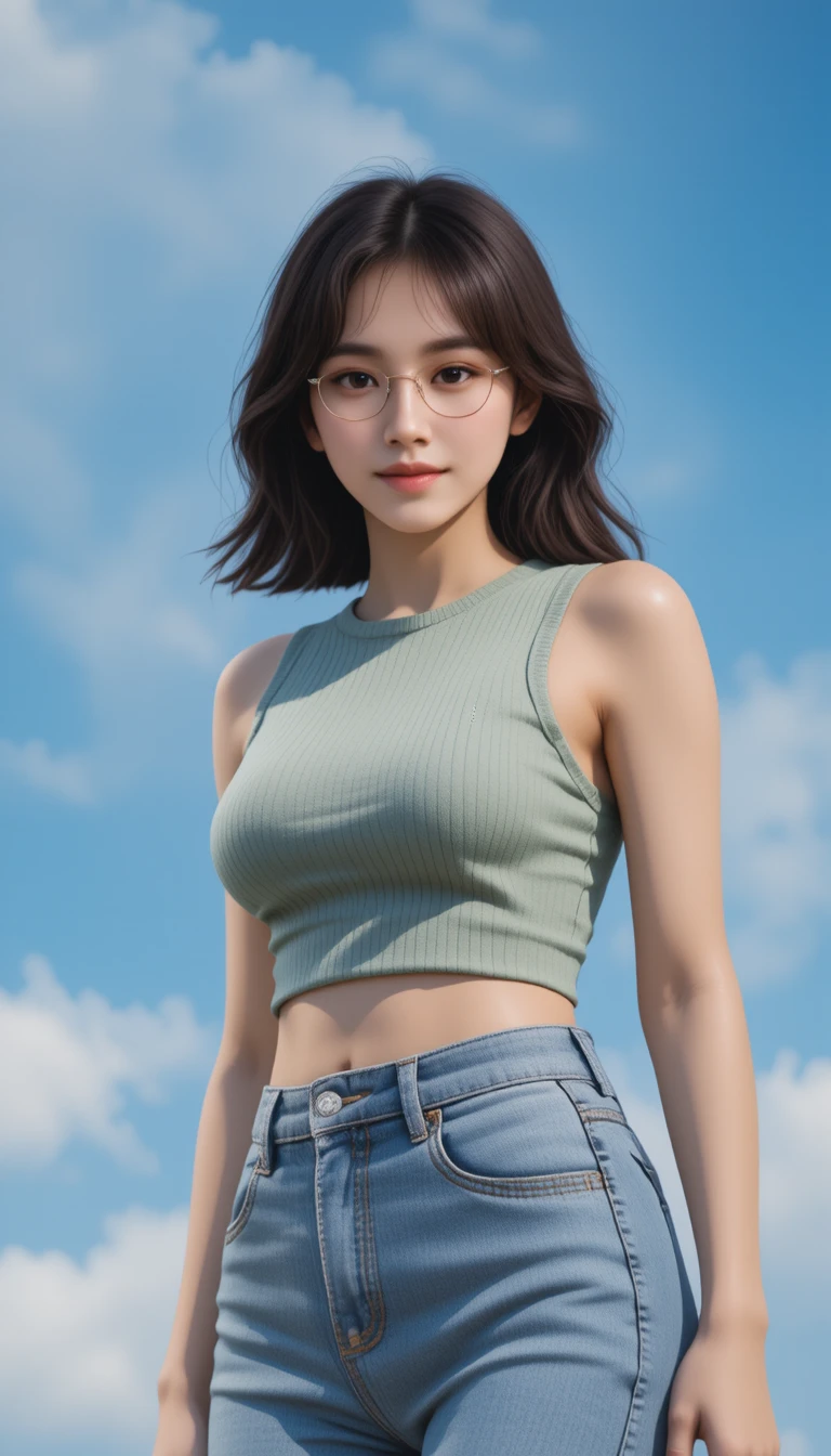 Cheerful Asian girl posing under a bright blue sky