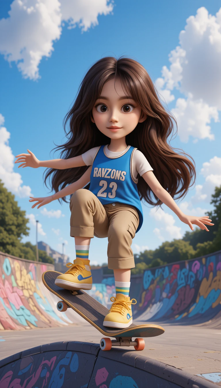 Pixar style girl skateboarding in a colorful outdoor park