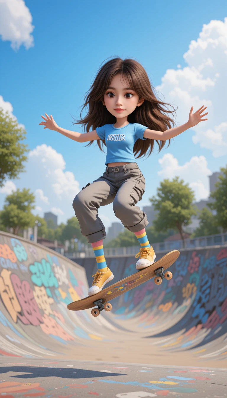 Girl skating high in a colorful 3D skatepark
