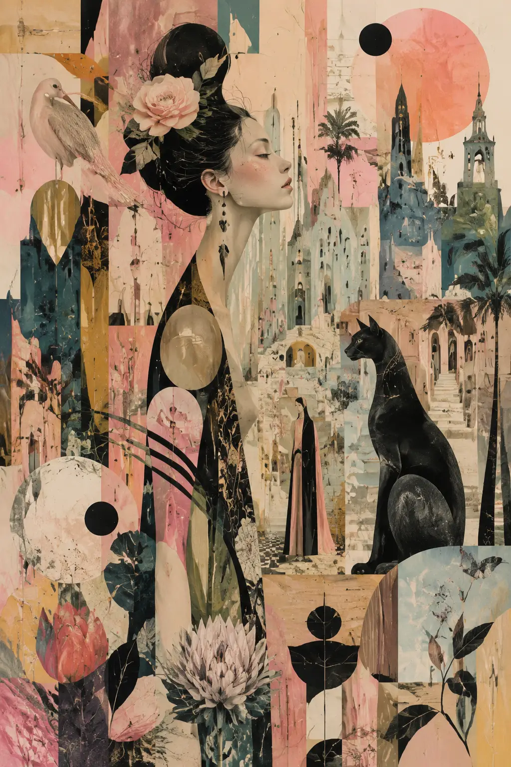 Pastel maximalist collage with elongated woman and abstract forms