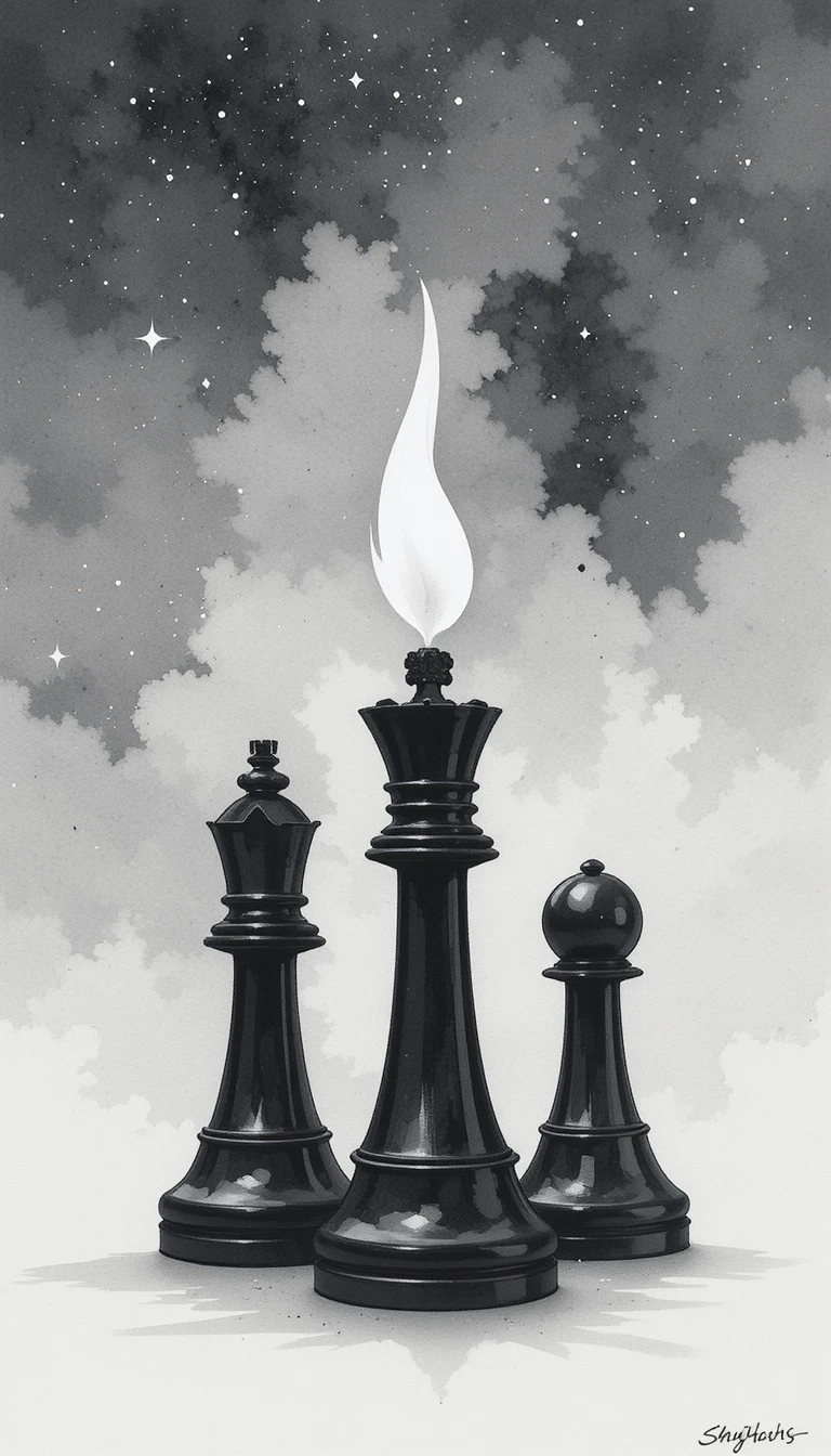 Three black chess pieces under a minimal starry night sky