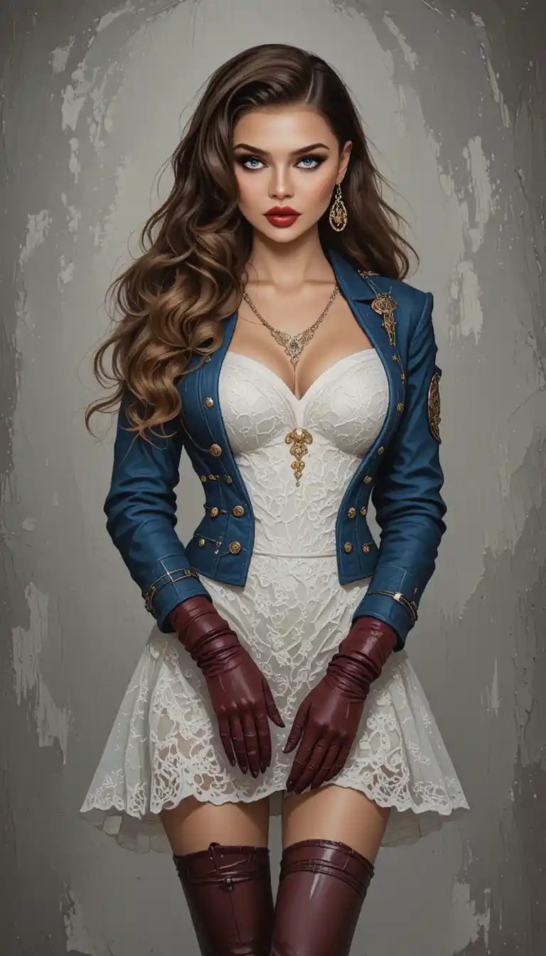 Blonde woman in lace dress and blue military jacket
