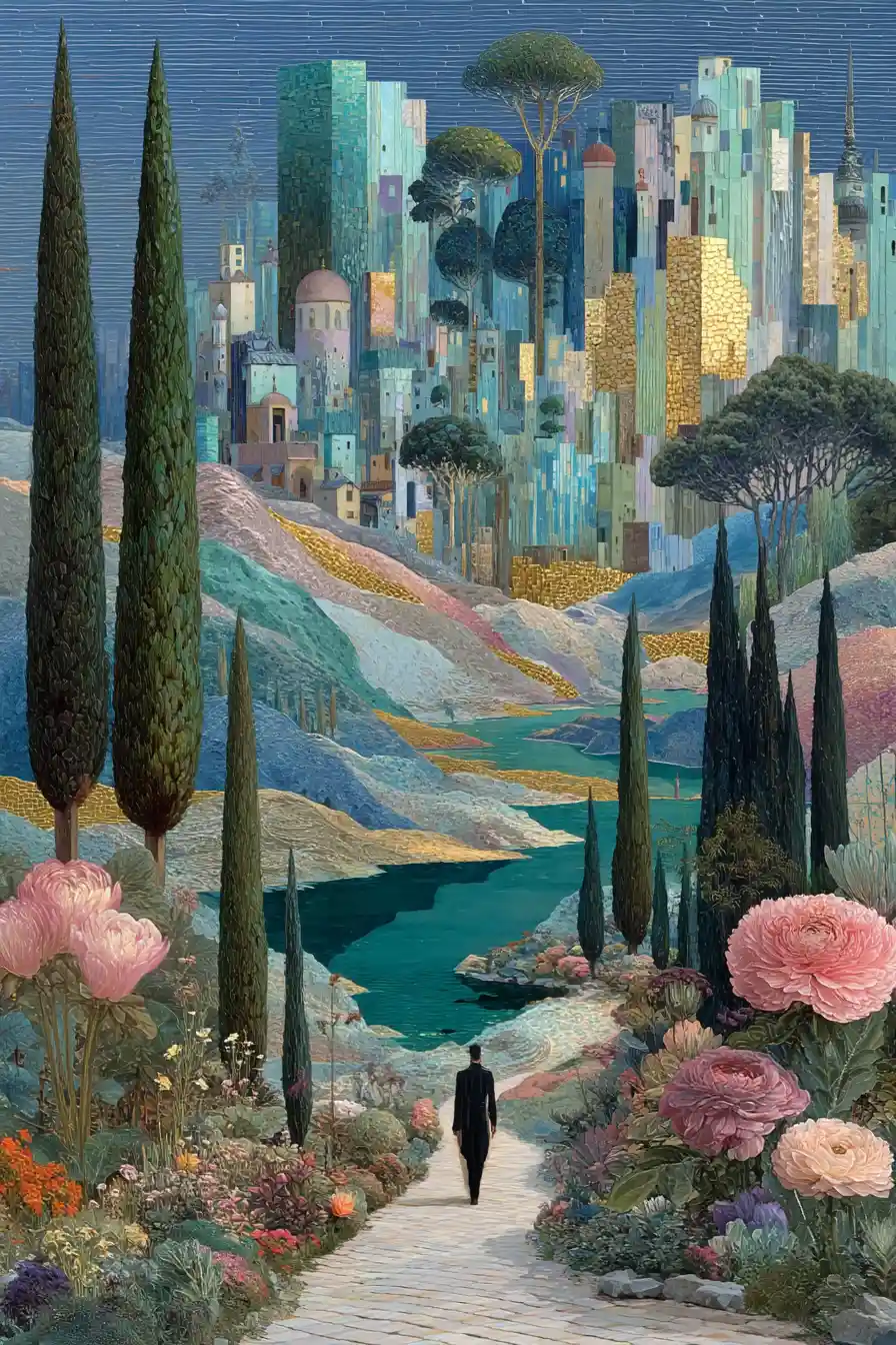 Pastel maximalist collage with elongated abstract figures