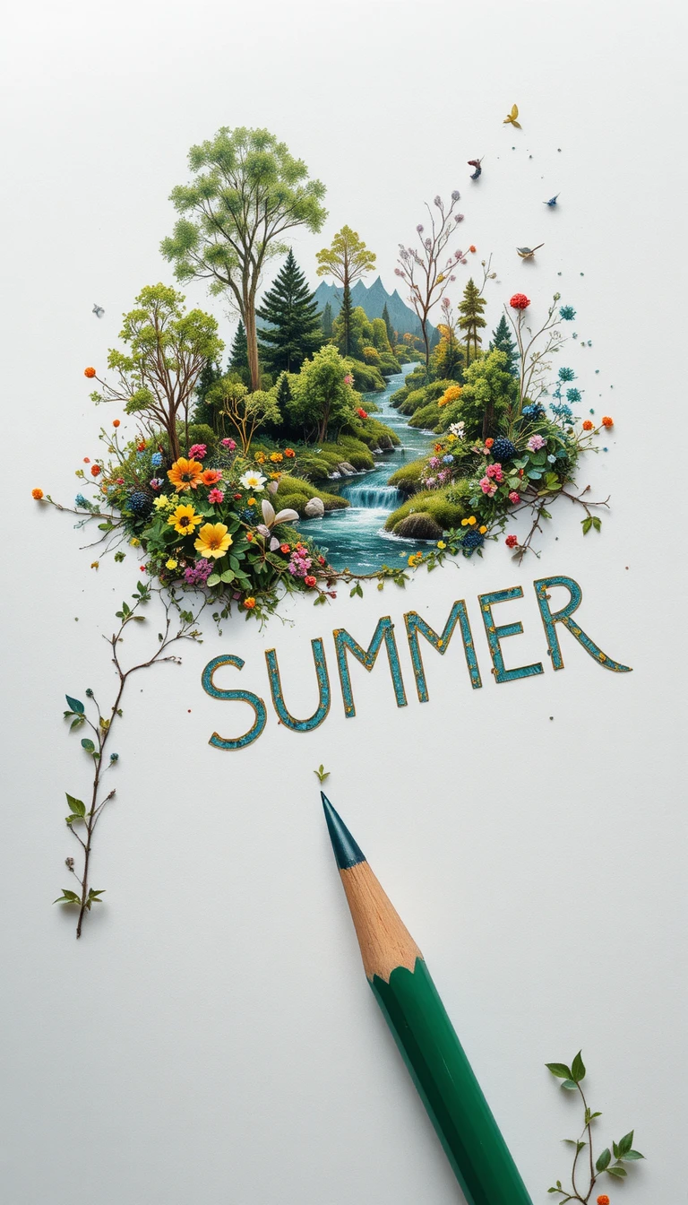 Miniature fantasy landscape growing along a giant pencil