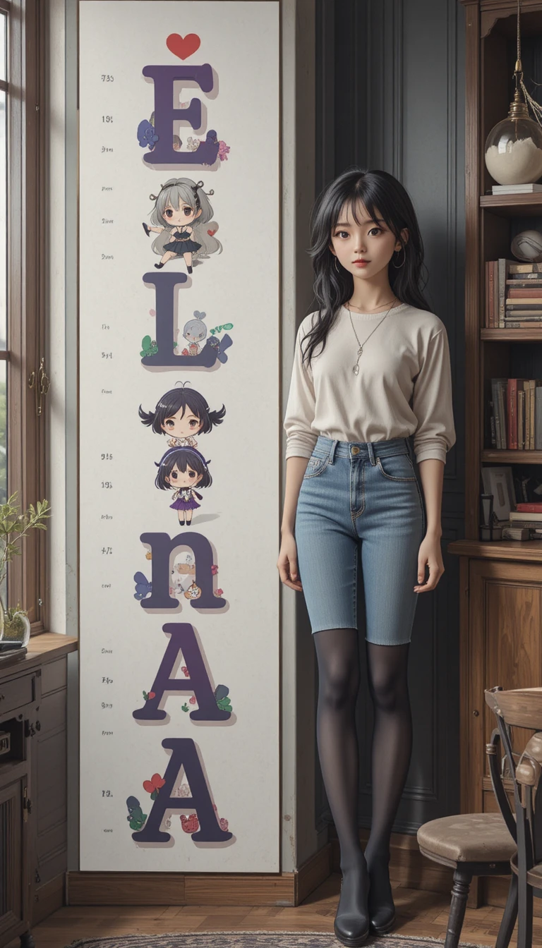 Mädchen neben vertikalem Namensposter mit Chibi-Versionen