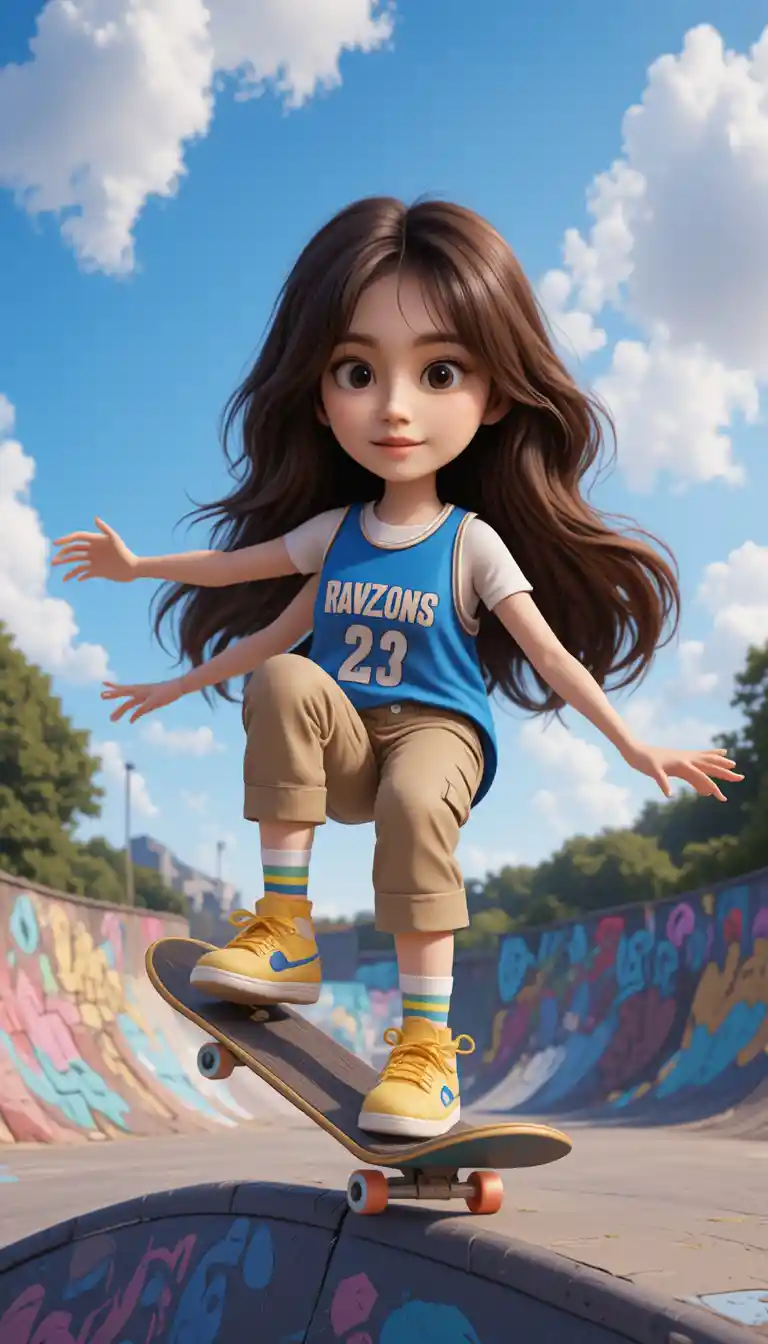 Pixar style girl skateboarding in a colorful outdoor park