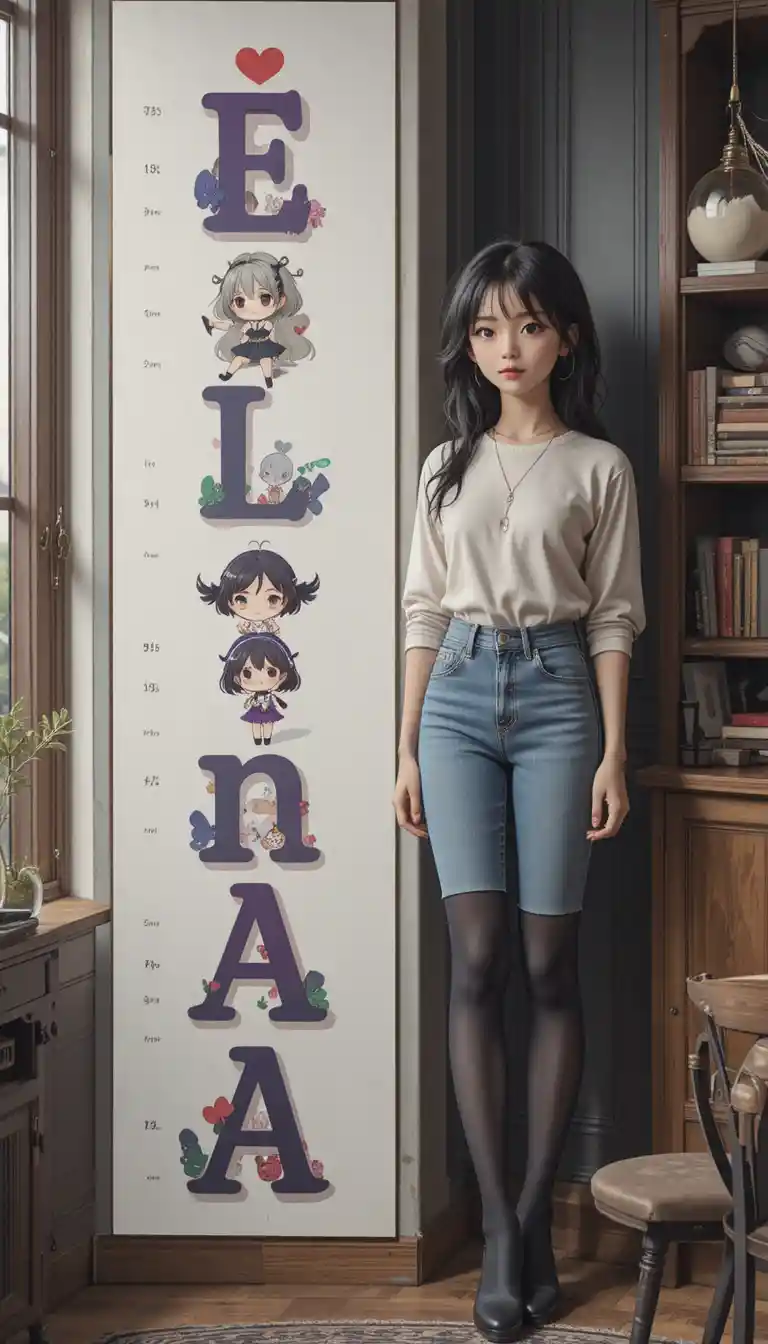 Girl beside vertical name poster with chibi versions