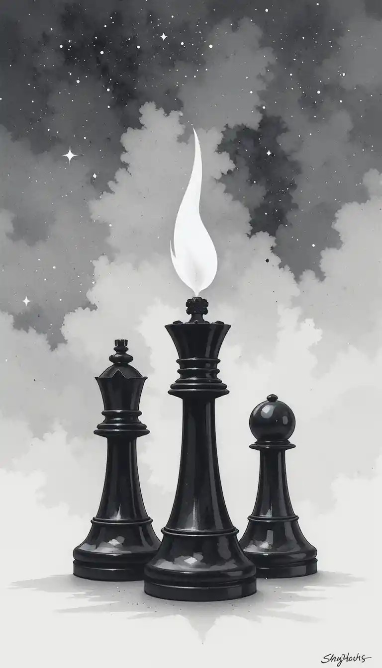 Three black chess pieces under a minimal starry night sky