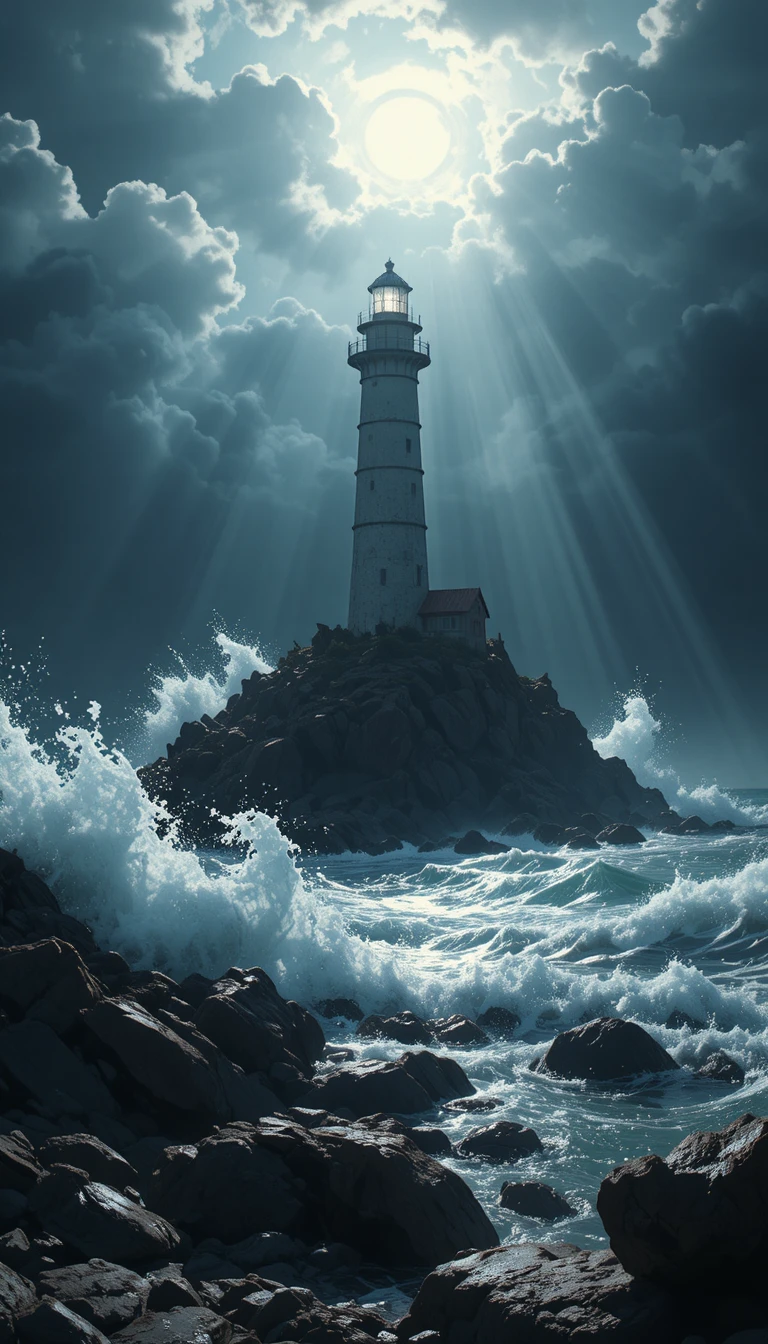 Anime lighthouse above stormy waves with dramatic light rays