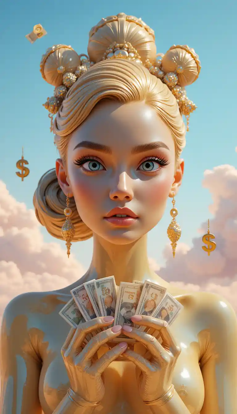 Glossy 3D vinyl woman head with floating dollar bills